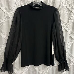 CeCe Blouse with Sheer ruffled Sleeves & Mock Neck Black NWT